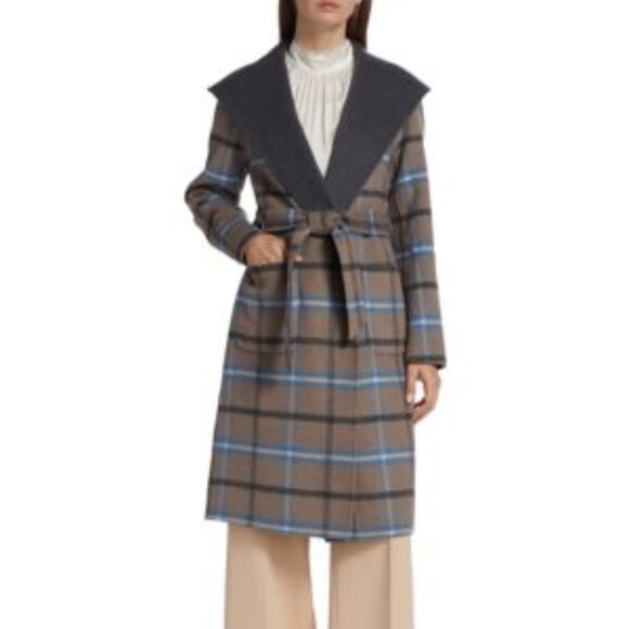 Elie Tahari Women's Wallace Plaid Wrap Coat – Cathedral Grey (NWT, Size L) - Picture 2 of 4